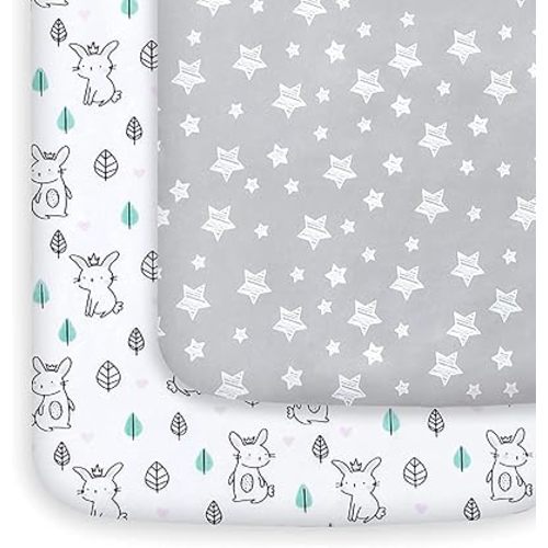 Mini Crib Sheets, 2 Pack Pack and Play Sheets, Stretchy Pack n Play Playard Fitted Sheet, Compatible with Graco Pack n Play, Soft and Breathable Material,Stars & Bunny