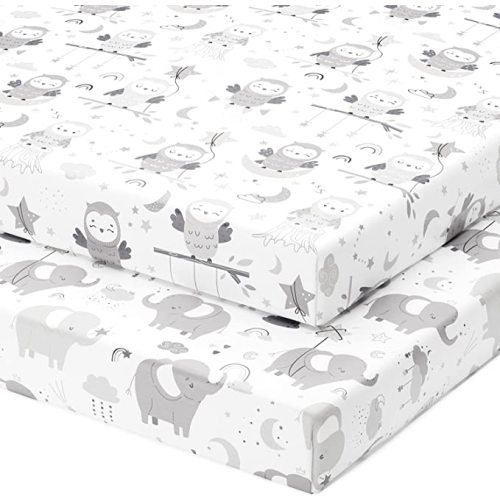 Pack and Play Sheets Fitted – Compatible with Graco Pack n Play Playard Crib and Other 27 x 39 Inch Playpen Mattress – Snuggly Soft 100% Jersey Cotton – 2 Pack Play Yard Sheet Set for Boys & Girls - Sweet Dreams (Elephants & Owls) - for Graco Pack n Play 