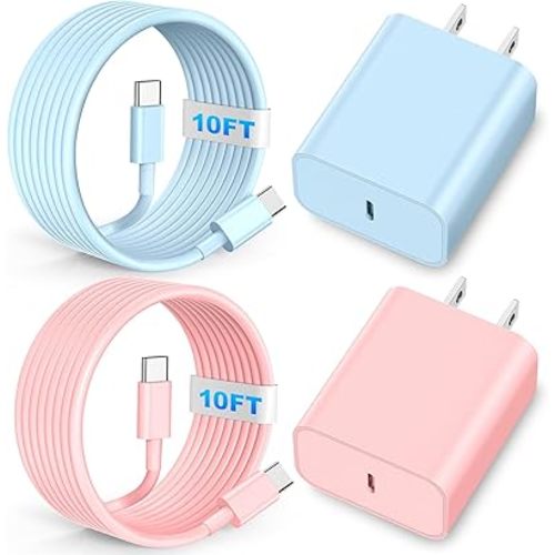 Charger Fast Charging, 20W Type C Wall Charger Block with 10FT Long USB C Charging Cable Cord for i Phone 15 16/Plus/Pro Max/Pro - Pink Blue