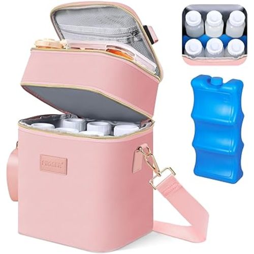 PIIOSER Breastmilk Cooler Bag with Ice Pack Fits 6 Baby Bottles Up to 9 Ounce, Insulated Baby Bottle Tote Bags, Double Layer Waterproof Leak-Proof with Shoulder Strap for Nursing & Working Mom (Pink)
