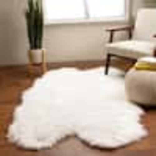 Super Area Rugs Serene Silky Faux Fur Fluffy Shag Rug Snow White 4' x 6' Sheepskin SAR-SER01-IVORY-4X6-SHAPED