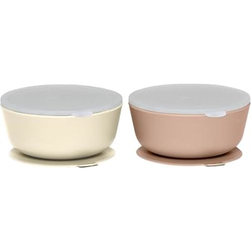 WeeSprout Suction Bowls for Baby & Toddlers (Set of 2) - 100% Silicone w/Plastic Lid - Leak Proof Feeding Supplies - Dishwasher & Microwave Safe Infant Dinnerware w/Extra Strong Base