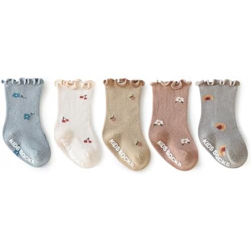 Baby Girls Toddler Socks Organic Cotton Socks Floral Pattern with Non-Skid Gripper for Fall Spring and Summer