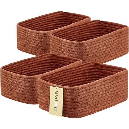 Small Storage Baskets for Organizing | Closet Organizer Bins | Shelf Toy Basket | Woven Rope Baskets | Cube Decorative Box | Shallow Basket | 11.5x7.5x4.7” | 4 Packs Oxide Red