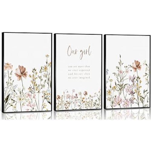 3 Pcs Wildflower Wall Art Poster print Girl Nursery Wall Decor Flower picture artwork Floral Botanical Painting for Baby Girl Nursery Office Inspirational Wall Decoration,Unframed12x16in