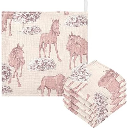 Horse Baby Muslin Washcloths Face Towel, Western Burp Cloths Cotton Wipes 5 Pack Infant Wash Cloth for Newborn Boys Girls 12x12 inches