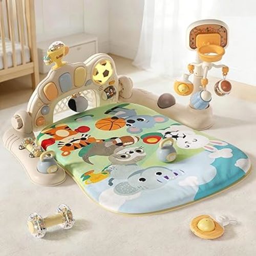STACTCUTE 3-in-1 Baby Gym & Play Mat with Musical Piano, Activity Center with Sensory Toys & Rattles for Tummy Time,Early Development Baby Gift for Newborns 0-3 6-12 Months (Khaki)