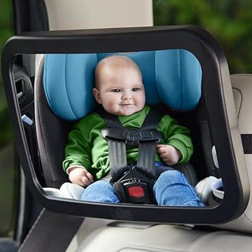 GORILLA GRIP Baby Car Mirror, Rear Facing Travel Gear, Back Seat 360° Rotation Mirrors, Great Visibility, Child and Infant Backseat Safety, Secure Straps, Easy Install Accessories for Babies, Black