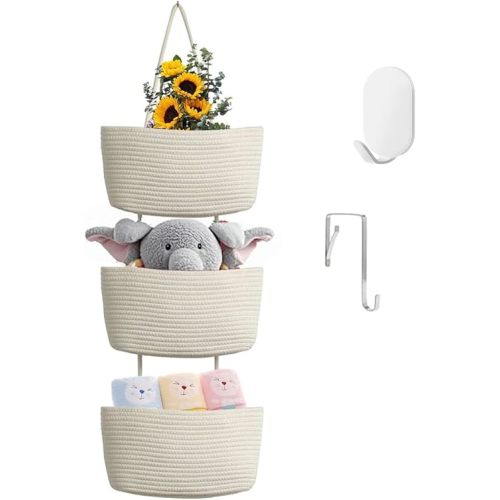 Hanging Baskets for Organizing,Bathroom Organizers and Storage,3-Tier Woven Cotton Wall-Mounted Storage Organizer Bag Decorative,Kitchen,Living Room,Bedroom
