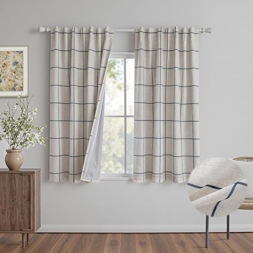 MYSKY HOME 100% Blackout Plaid Linen Curtains 72 Inches Length Double Layer Farmhouse Thermal Insulated Striped Print Drapes with Rod Pocket Back Tab for Bedroom Living Room, 2 Pcs, 52"Wide, Navy Blue