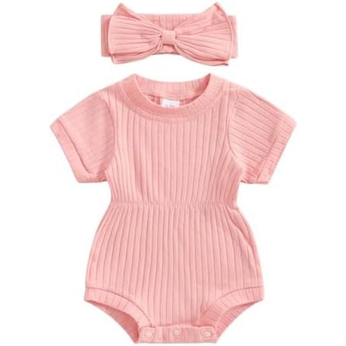 Karwuiio Newborn Baby Girl 2 Piece Outfits Short Sleeve Knit Jumpsuit Romper with Headband Summer Clothes