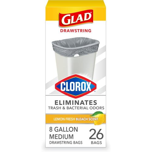 Glad Medium Trash Bags, 8 Gallon, Lemon Fresh Bleach Garbage Bags, Resists Bacterial Odors with Drawstring, 26 Count