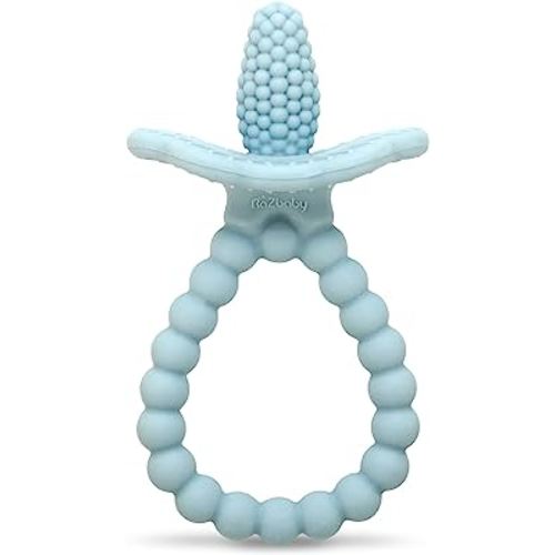 RaZbaby Silicone Baby Teether, BerryBumps Textured Silicone Soothes Babies’ Sore Gums, Infant Front and Back Teething Relief Toy, BPA Free, Easy-to-Hold, RaZberry Plus Fruit Shape, 3M+ – Blue