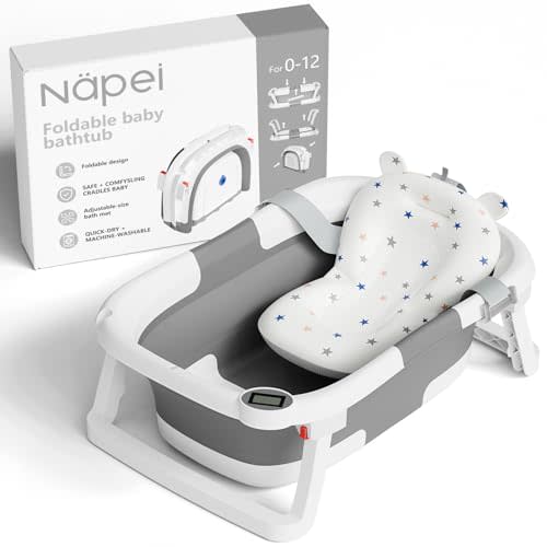 napei Collapsible Baby Bathtub,Baby Bath Tub with Soft Cushion & Thermometer,Baby Bathtub Newborn to Toddler 0-36 Months,Portable Travel Baby Tub