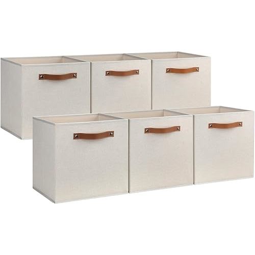 Large Storage Cubes, 6 Pack Collapsible Cube Storage Bins With Handles for Organizing, Beige Fabric Closet Organizers Box for Playroom, Office, Dorm Home Organization and Storage Beige 11"x 11"
