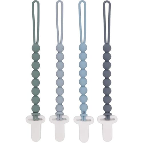 4-Pack Silicone Pacifier Clips with One-Piece Beads for Baby Boys and Girls - Flexible and Rust-Free Holders for Teething Relief and Baby Essentials, Safe for Newborns (Grey)