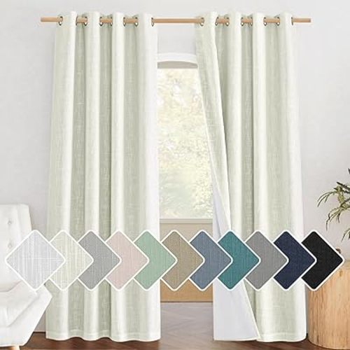 NICETOWN Beige 100% Blackout Linen Curtains 84 inch Long Burg for Living Room, 1 Pair, 52" Width Each Panel, Farmhouse Thick Completely Blackout Window Treatment Thermal Insulated Drapes