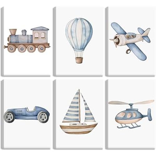 Vintage Baby Boy Nursery Wall Art Blue Transportation Car Airplane Painting Picture Wall Decor Toddler Vehicle Train Boat and Hot Air Balloon Poster Print Artwork for Kids Boys Room Bedroom Decorate