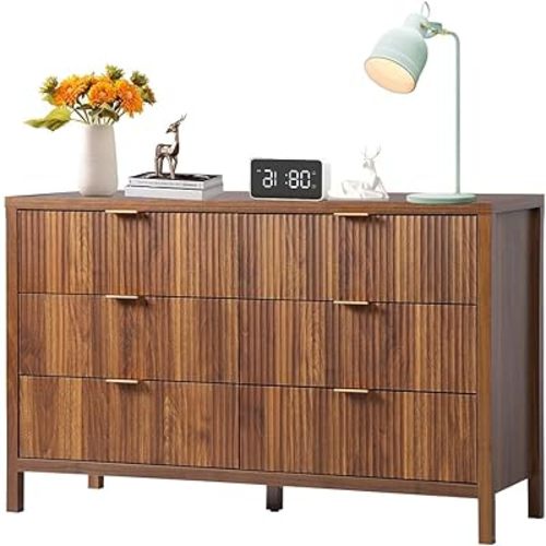 6 Drawer Dresser Cabinet, Long Nightstand with Drawers and Storage Cabinet, Farmhouse Solid Wood Dresser TV Stand, Mid Century Modern Nightstand with 6 Drawer Dresser for Bedroom Closet (Walnut)