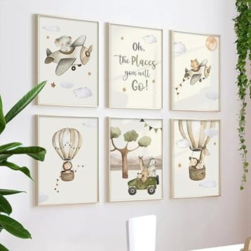 Sfwarmart Jungle Animal Giraffe Lion Hot Air Balloon Airplane Wall Art Canvas Painting Posters And Prints Picture For Baby Kids Room Decor 8x12inchx6pcs unframed