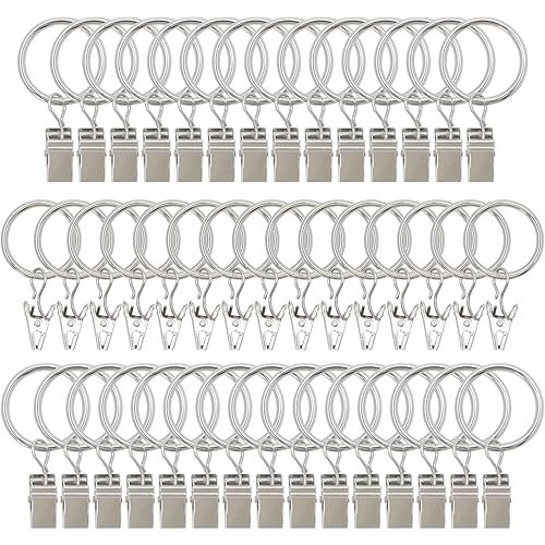 44 Pack Metal Curtain Rings with Clips, Drapery Clips with Rings, Curtain Hangers Clips, Drapes Rings 1 inch Interior Diameter,Silver