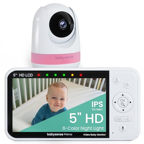Babysense Prisma Baby Monitor with Camera and Audio, 5” HD Video Baby Monitor, 6-Color Night Light, Split Screen, Baby Sound Machine with White Noise & Lullabies, Secure No WiFi