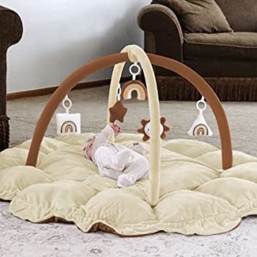 5-in-1 Thick & Plush Play Gym, Convertible Stage-Based Developmental Activity Gym & Play Mat from Baby to Toddler, Ball Pit, Pet Cushion, Balls are not Included,Khaki