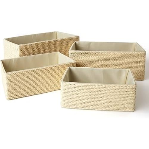 Storage Baskets Set 4 - Stackable Woven Basket Paper Rope Bin, Storage Boxes for Makeup Closet Bathroom Bedroom (Beige)