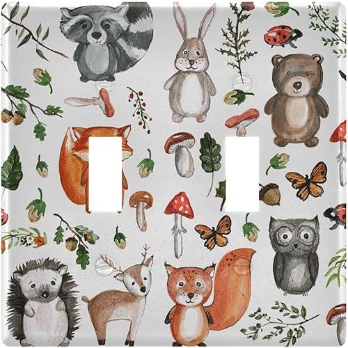 Cute Woodland Animals Light Switch Cover Plate Decorative Receptacle Double Toggle Wall Plate Protector for Farmhouse Bedroom Kitchen Home Accessories,2-Gang