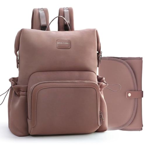 miss fong Diaper Bag Backpack - Baby Diaper Bag Neoprene Bag Large Capacity Neoprene Backpack with Diaper Changing Pad with 12 Pockets for Mom & Dad -Mauve