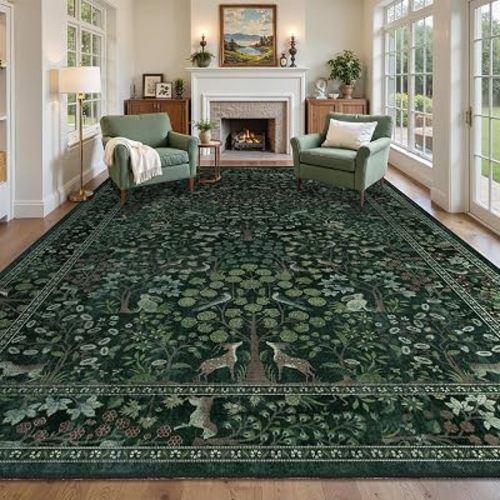 Whimsical Floral Animal Large 9x12 Rugs for Living Room, Farmhouse Tree of Life Natural Big Area Rug for Bedroom Dining Room, Washable Non Slip Thin Carpet for Family Room Playroom, Dark Green