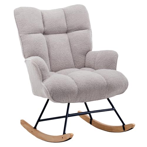 Zedachica Rocking Chair Nursery Teddy Upholstered Glider Rocker Rocking Accent Chair Padded Seat with High Backrest Armchair Comfy Side Chair for Living Room Bedroom Offices (Grey Teddy)