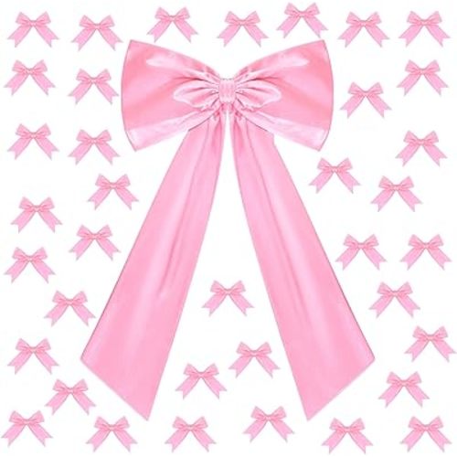 51 Pcs Coquette Birthday Party Decor Big Pink Bow Decor with 50 Pcs Mini Satin Ribbon Bows Large Wall Bow Decorations Pink Bows Decor for Coquette Home Baby Shower Wedding Birthday Party