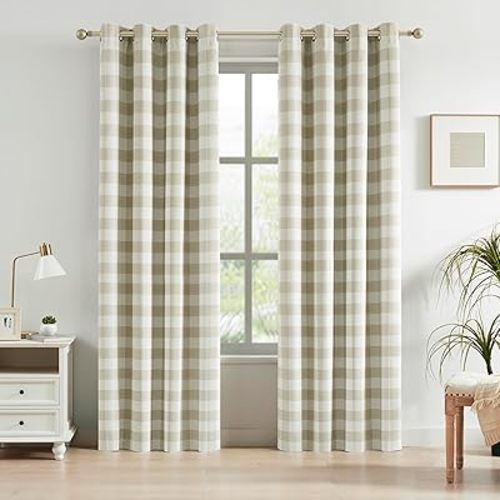 Randall Buffalo Check 90% Blackout Curtains for Bedroom/Living Room Plaid Gingham Checkered Farmhouse Drapes with Grommet Top, Energy Efficient Thermal Room Darkening 2 Panels, 54x84 Inch, Beige/White