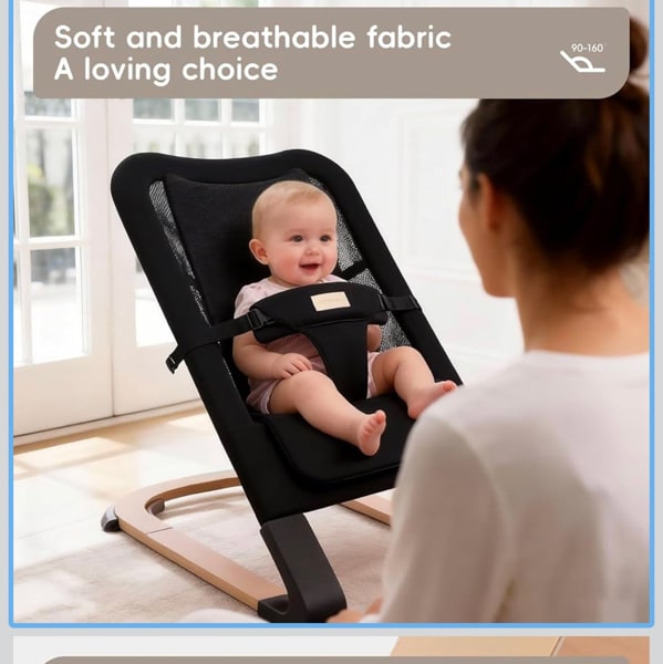 Baby Bouncer for Newborns 0-12 Months: 0-5 Years Portable Infant boy Bouncer Seat Chair in Black with Adjustable Recline & 3-Point Harness, Supports Up to 60 lbs