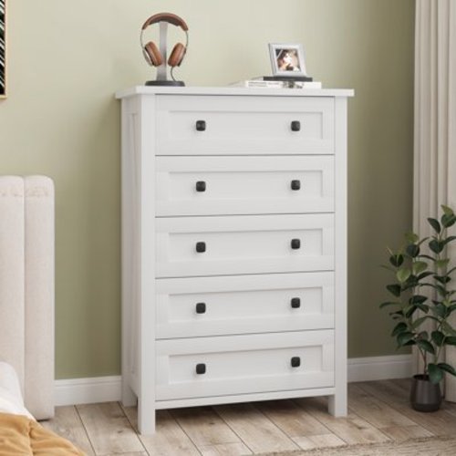 Uforic 5 Drawers Wood Dresser for Bedroom,Farmhouse Rustic Tall Chest of Drawers,with Power Outlets