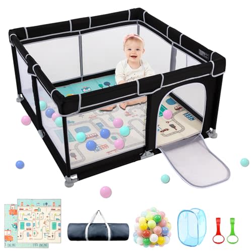 71"x59" Large Playpen with Mat, Playpen for Babies and Toddlers, Baby Playards with Zipper Gate, Safe and Non-Slip Baby Fence, Full Mesh Design, Indoor & Outdoor Kids Activity Center - Black