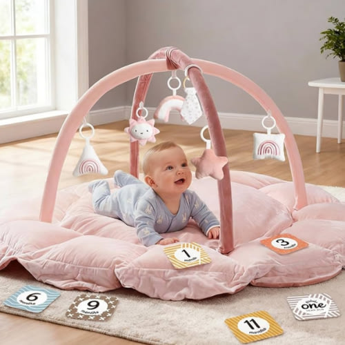 Mallify 5-in-1 Thick & Plush Baby Play Gym, Baby Play Mats for Floor, Tummy Time Mat with 6 Toys, Convertible Stage-Based Developmental from Babies to Toddlers, Ball Pit, Pink