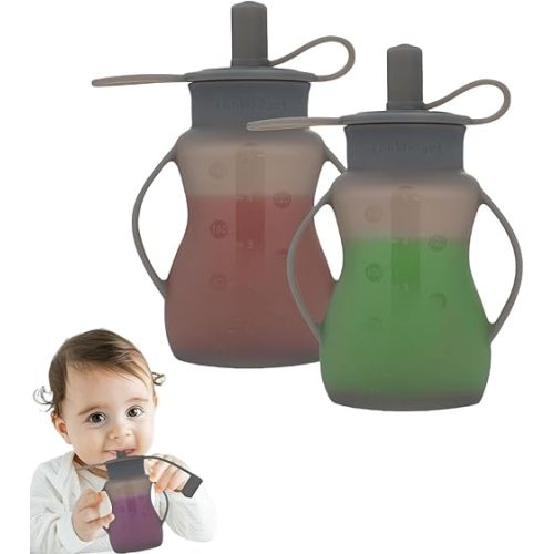 Reusable Silicone Baby Food Pouches, for Applesauce, Yogurt, Purees, Smoothies, Homemade Organic Baby Food Storage, BPA-Free Silicone Reusable Pouch Toddler, Dishwasher Safe, 4.78 oz, 2 Pack, Grey