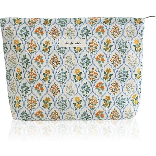 (For diaper bag) Wudygirl Cute Makeup Bag for Women - Travel Cosmetic Bag with Zipper Makeup Pouch Floral Make up Organizer Handbag Aesthetic (Blue Striped Floral)