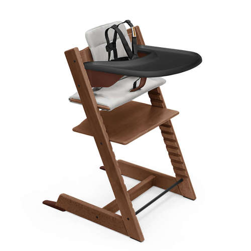 Stokke Tripp Trapp Complete Warm Brown Wood Baby High Chair with Grey Cushion and Black Stokke Tray
