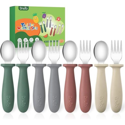 DRKIO 8 Pieces Toddler Utensils Set - Kids Silverware Set with Silicone Handle Children Safe 18/8 Stainless Steel Forks and Spoons Anti-Choke Design Food Grade Dishwasher Safe