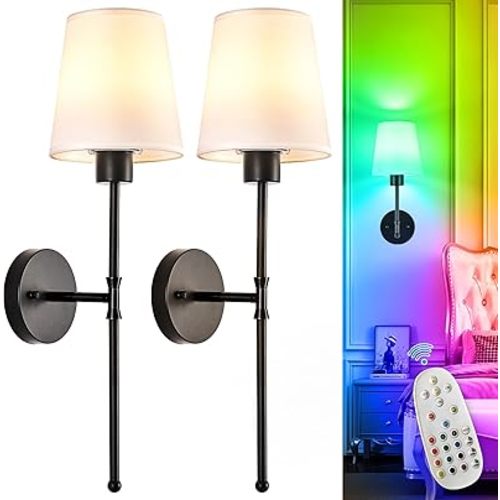 Depuley Battery Operated Wall Sconce: Set of 2 Wireless Wall Lights with Remote for Bedroom - Rechargeable 15 Colors Black Wall Lamp for Living Room Hallway