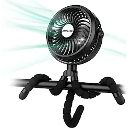 AMACOOL Battery Operated Stroller Fan Flexible Tripod Clip On Fan with 3 Speeds and Rotatable Handheld Personal Fan for Car Seat Crib Bike Treadmill (Black)