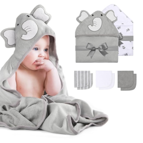 Momcozy Cute Elephant Hooded Baby Towel- 8 Piece Bath Essential, 2 x Towels and 6 x Wash Cloth Set- Perfect Shower Gift for Boys or Girls - Soft and Comfort for Newborn, Infant and Toddler