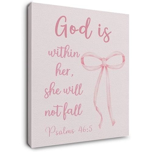 Ryeolo Coquette Pink Bow Christian Wall Art, Bible Verses Wall Decor, Pink Christian Decor, Inspirational Religious Canvas Wall Art Prints for Girls Room Dorm Apartment Decor, Framed 11x14 Inch