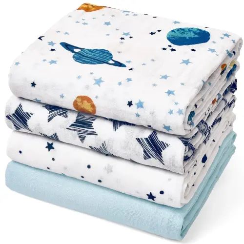 david's kids 4 Pack Baby Muslin Swaddle Blankets, 100% Cotton and Ultra Soft Breathable Receiving Blanket Wrap for Boys Girls, New Born Essentials, Large 47 x 47 inches, Space&Stars