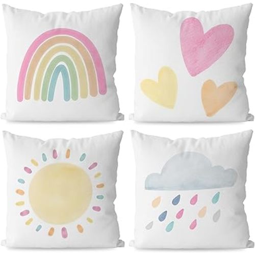 KEUSPI Rainbow Pillow Covers Decor for Toddler Girl Bedroom Little Girl Room Decor Playroom Pillows for Girls Kid Rainbow Room Decor for Nursery Classroom Decor Pastel Pillow Covers 18x18 Set of 4