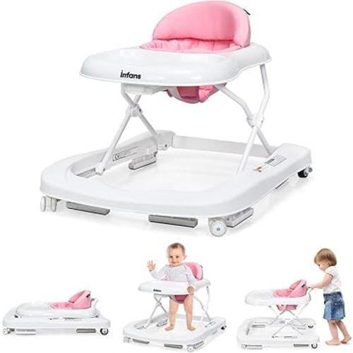 INFANS Foldable Baby Walker, 3 in 1 Toddler Walker Learning-Seated Walk-Behind for Boys and Girls, Adjustable Speed Rear Wheels, Safety Bumper, Detachable Seat Cover, Anti-Rollover (Pink)