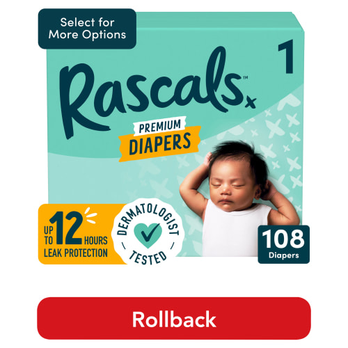 Rascals Premium Absorbent Baby Diapers Size 1, 108 Count (Select for More Options)